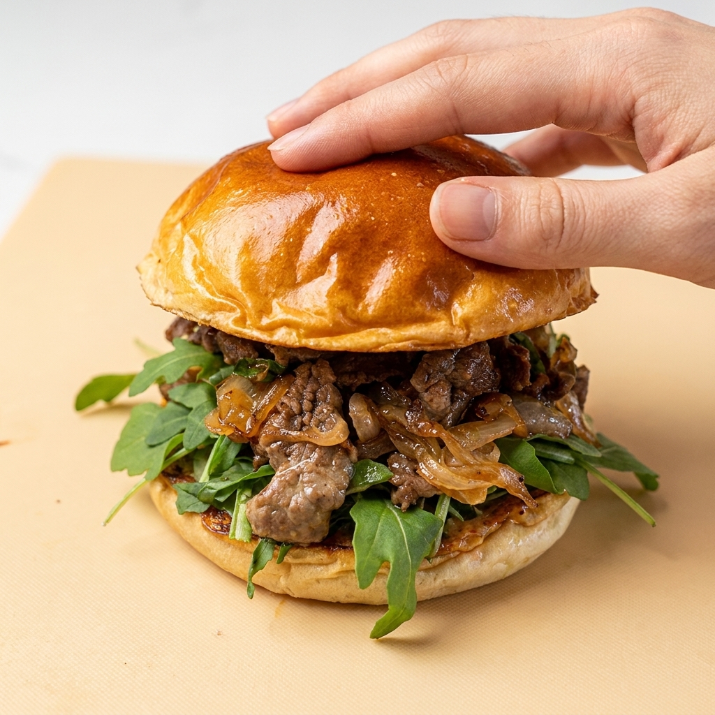 Una mano che preme delicatamente la metà superiore tostata del panino su un alto e ricco hamburger di manzo.