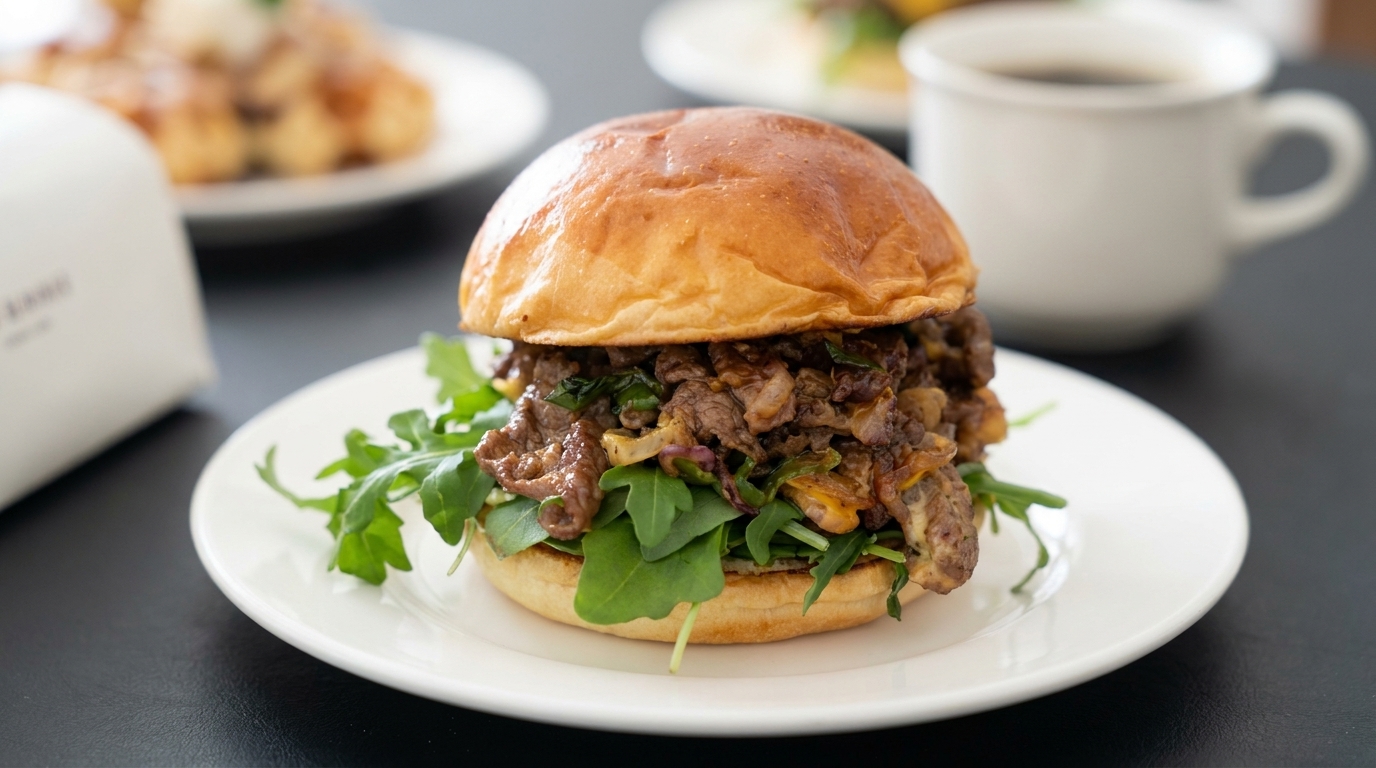 Un hamburger di manzo ricco e abbondante con manzo saltato, formaggio fuso e rucola fresca in un panino brioche tostato.