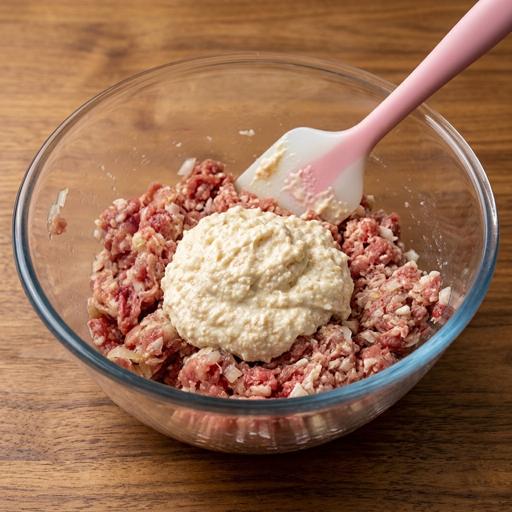 Maionese e pangrattato sopra il composto di carne.