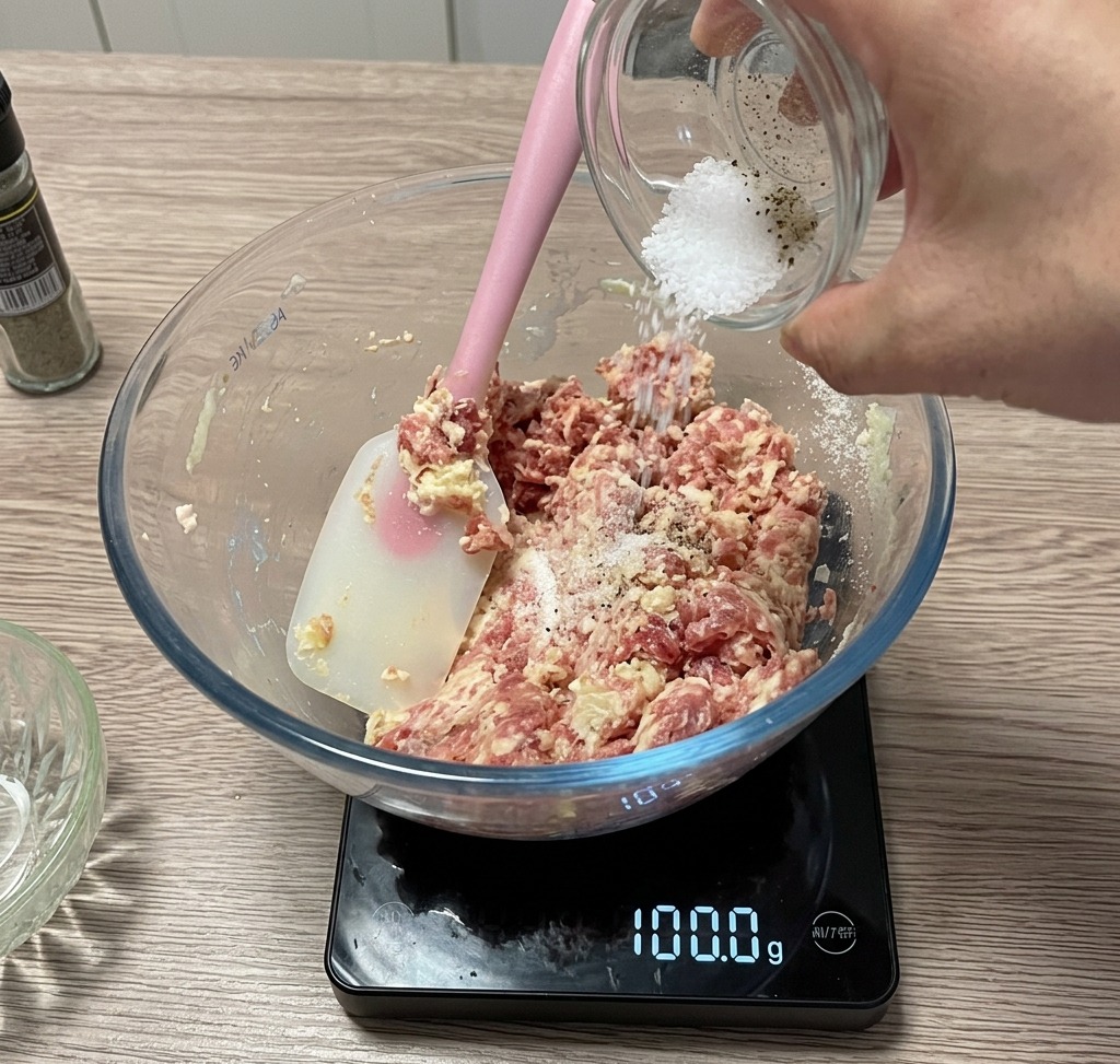 Condimenti aggiunti alla ciotola di carne su una bilancia da cucina.