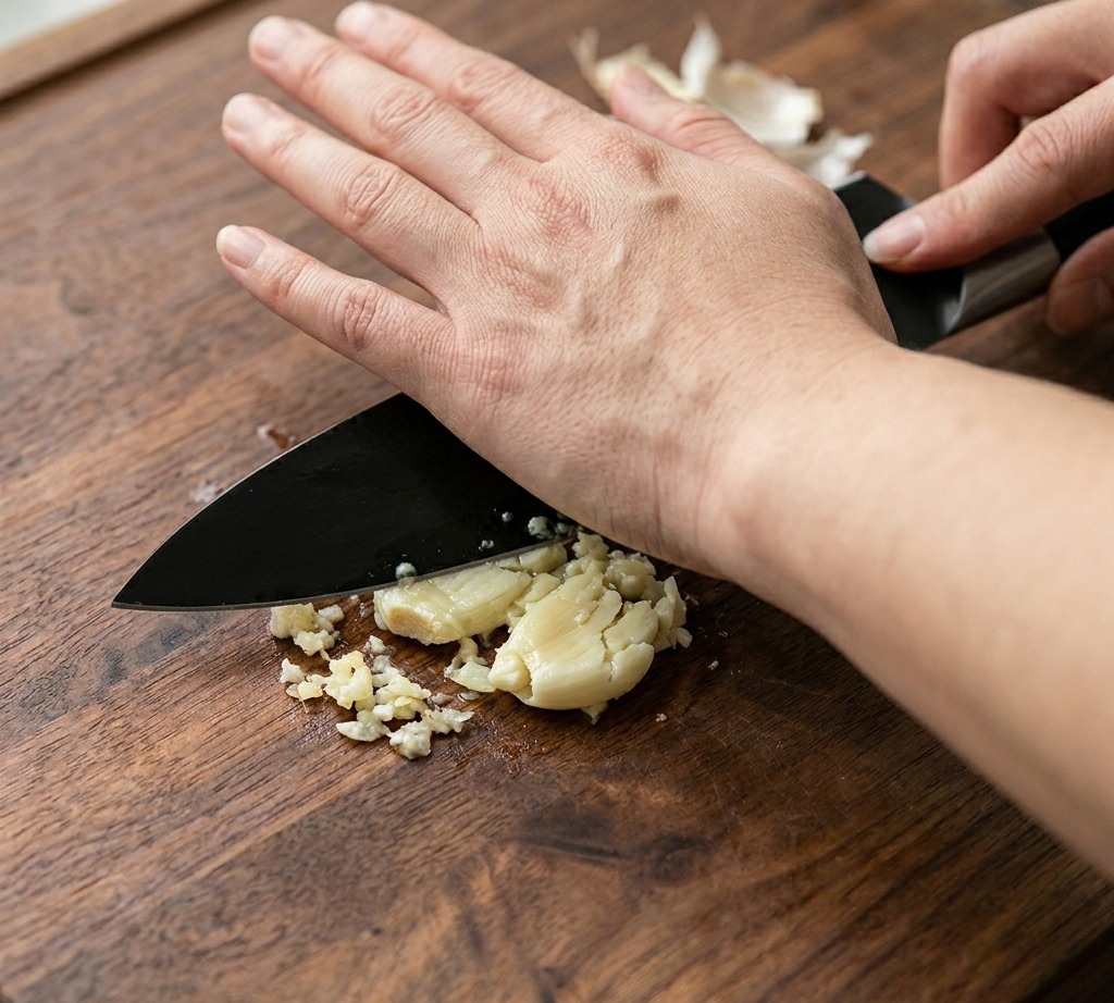 Due spicchi daglio schiacciati con la lama di un coltello.