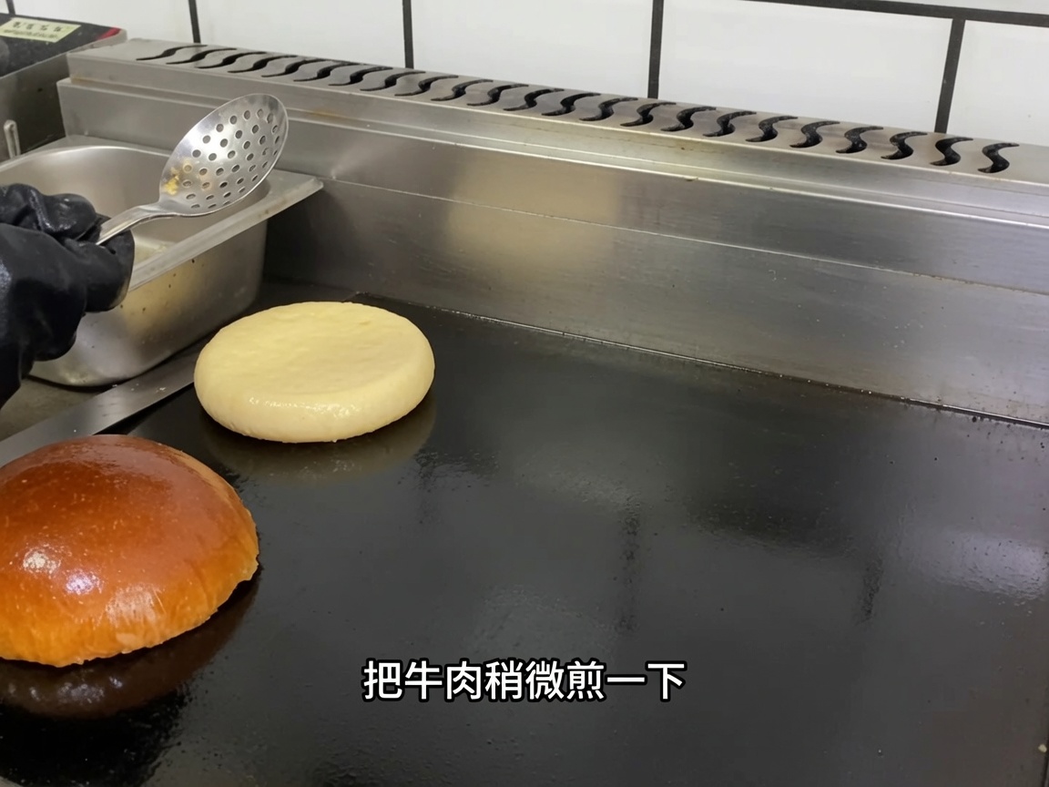 Un hamburger di manzo crudo sulla piastra calda.