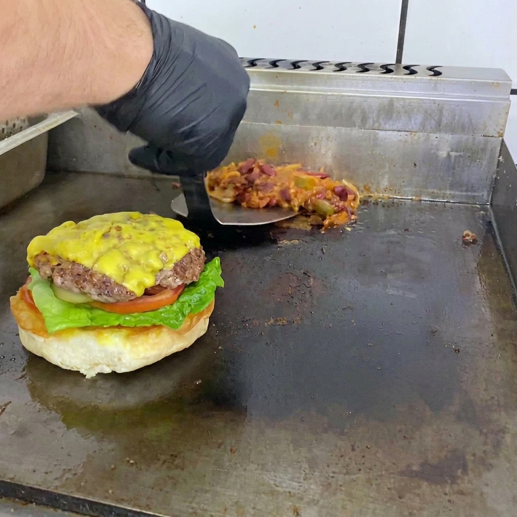 Un hamburger messicano al chili completato, con formaggio fuso e salsa, pronto per essere servito.