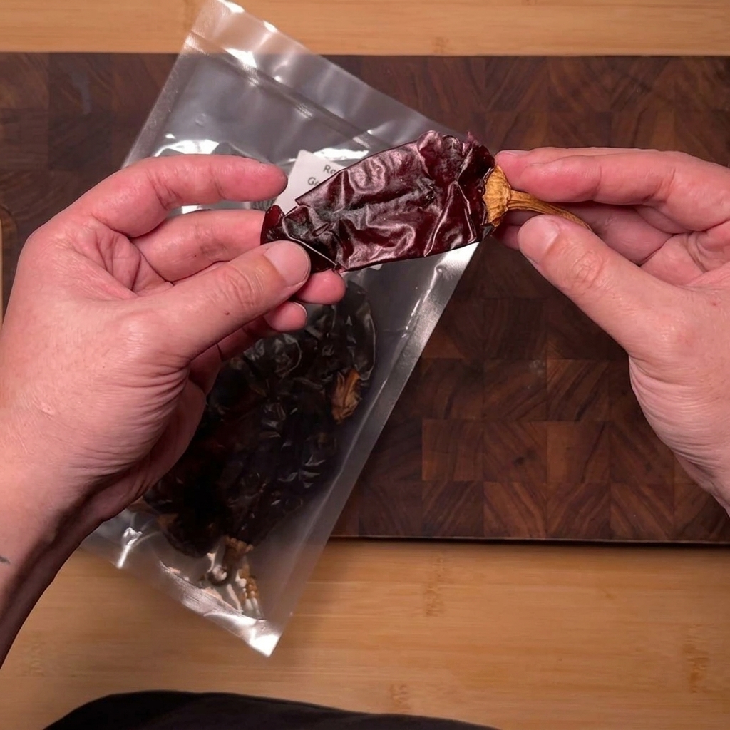 Peperoncini Guajillo secchi tagliati a piccoli pezzi con le forbici sopra una ciotolina.