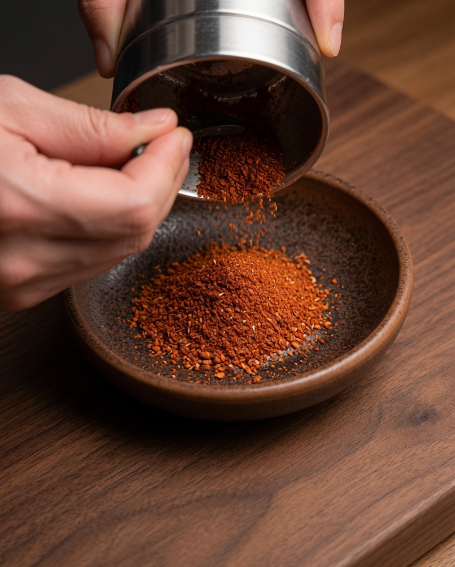 Un macinaspezie che versa polvere di peperoncino rosso e spezie in una ciotolina.