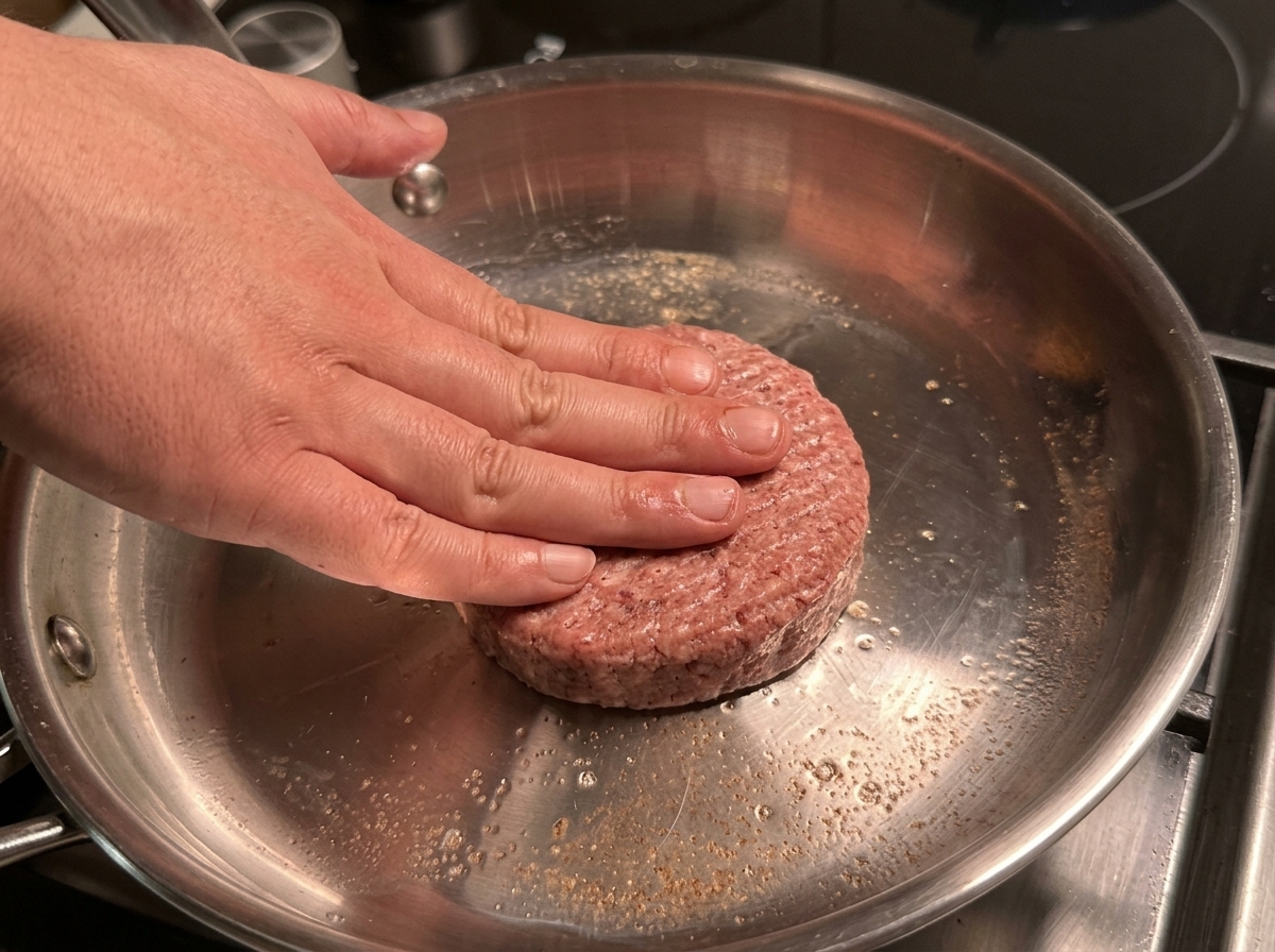 Un hamburger di manzo pressato in una padella di acciaio inox per la rosolatura.