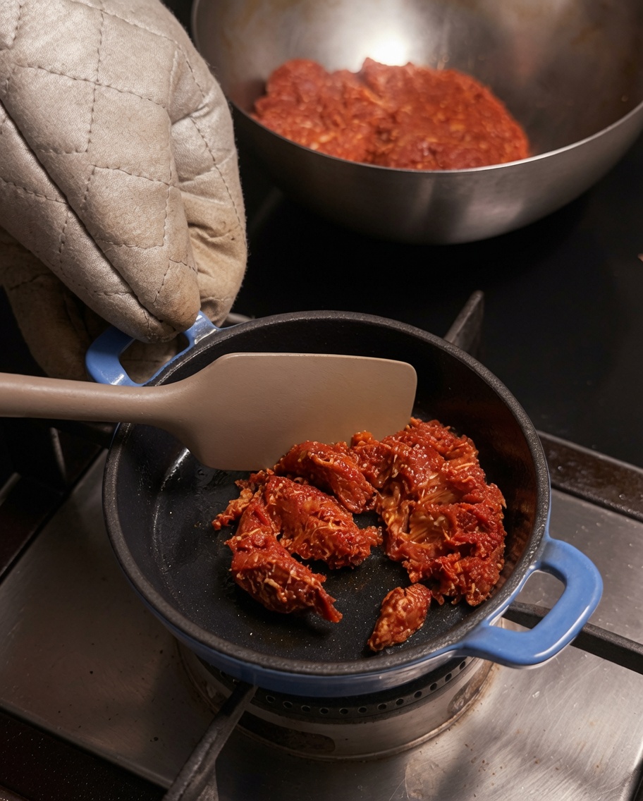 Composto di carne al chorizo cotto e schiacciato con una spatola in una padella blu.
