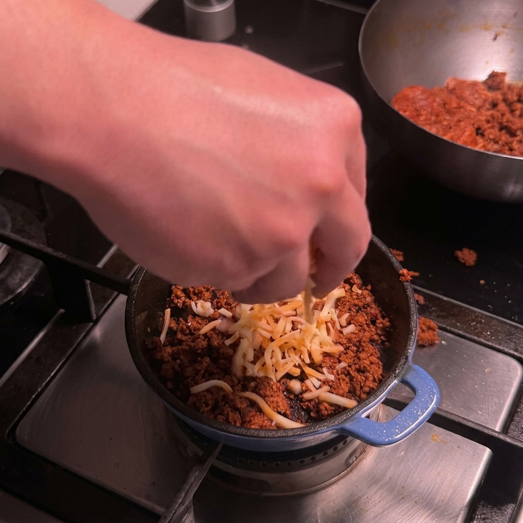 Un primo piano di formaggio Colby Jack grattugiato mescolato a carne di chorizo rosolata in una piccola padella.