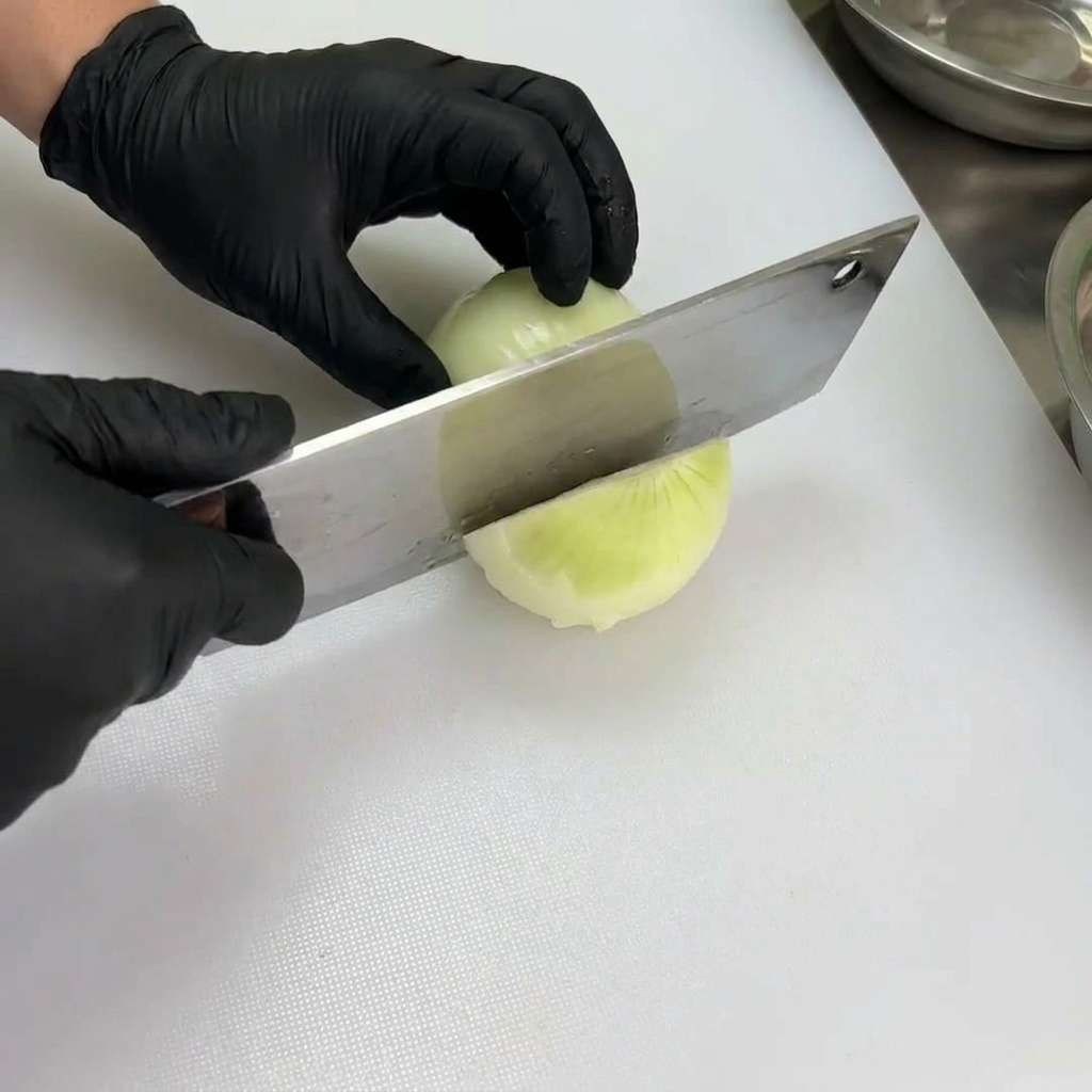 Cipolle tagliate a pezzi uniformi su un tagliere bianco con una mannaia professionale.