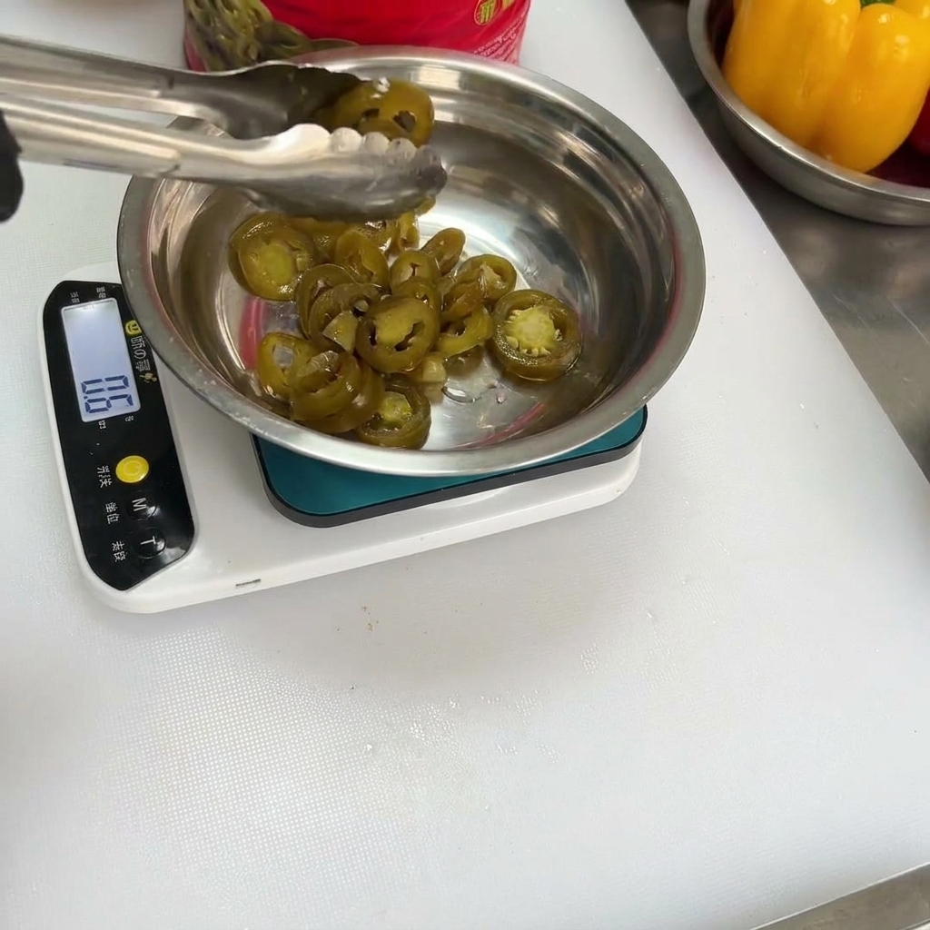 Rondelle di peperoncino jalapeño aggiunte alla miscela di spezie in una ciotola.