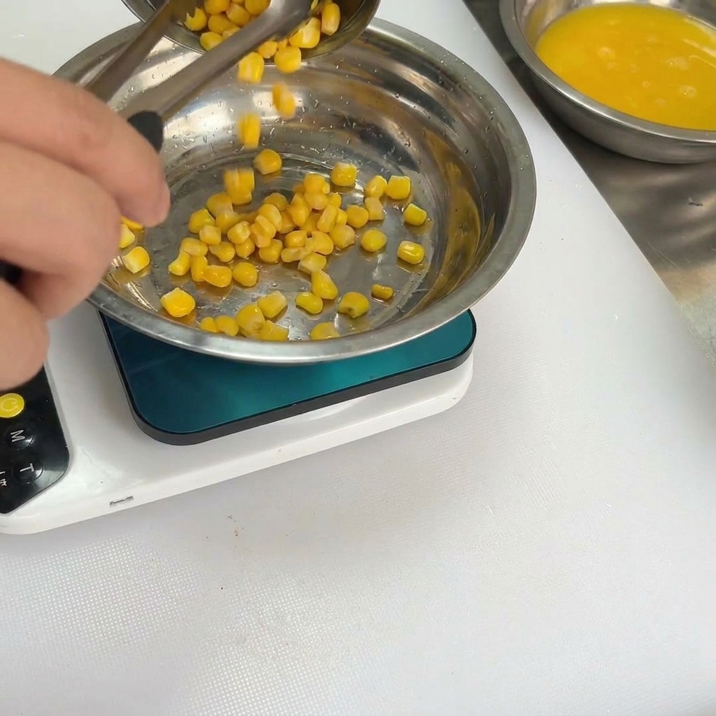 Chicchi di mais dolce aggiunti alla miscela di spezie e fagioli.