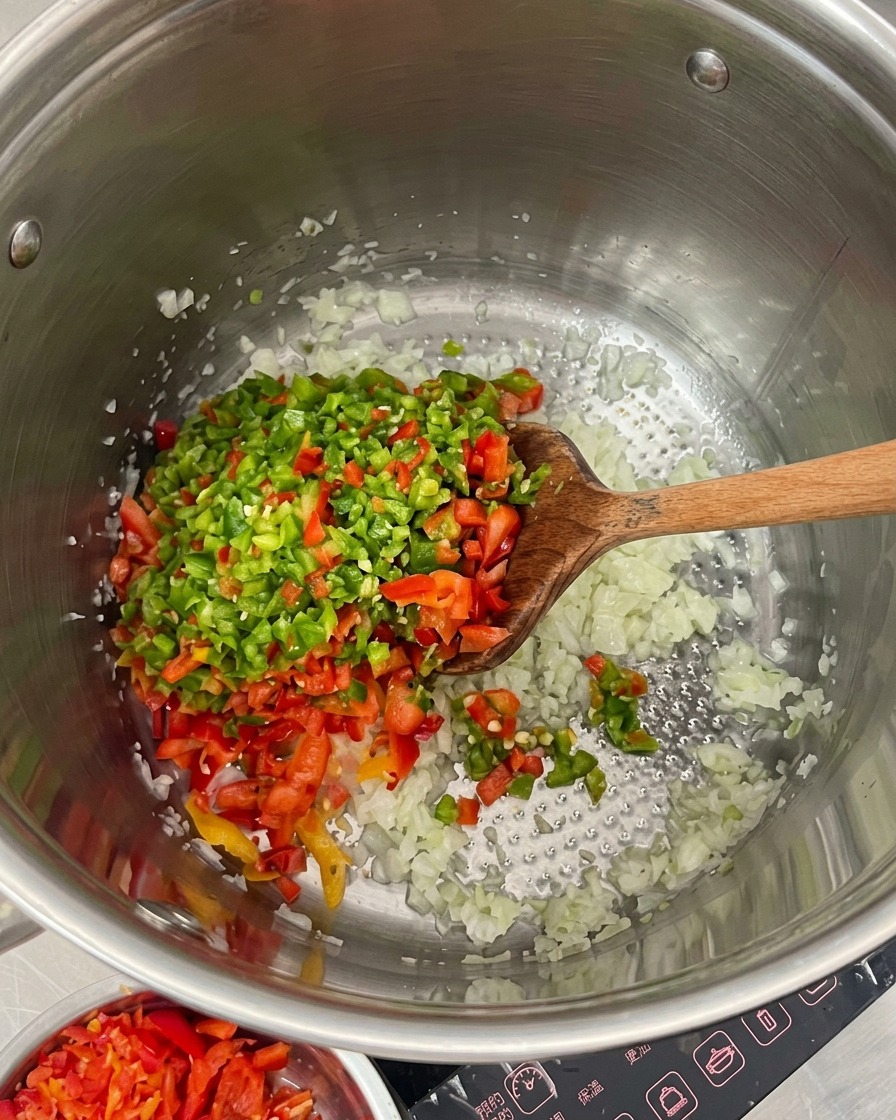Peperoni colorati tritati finemente aggiunti in una grande pentola con le cipolle.