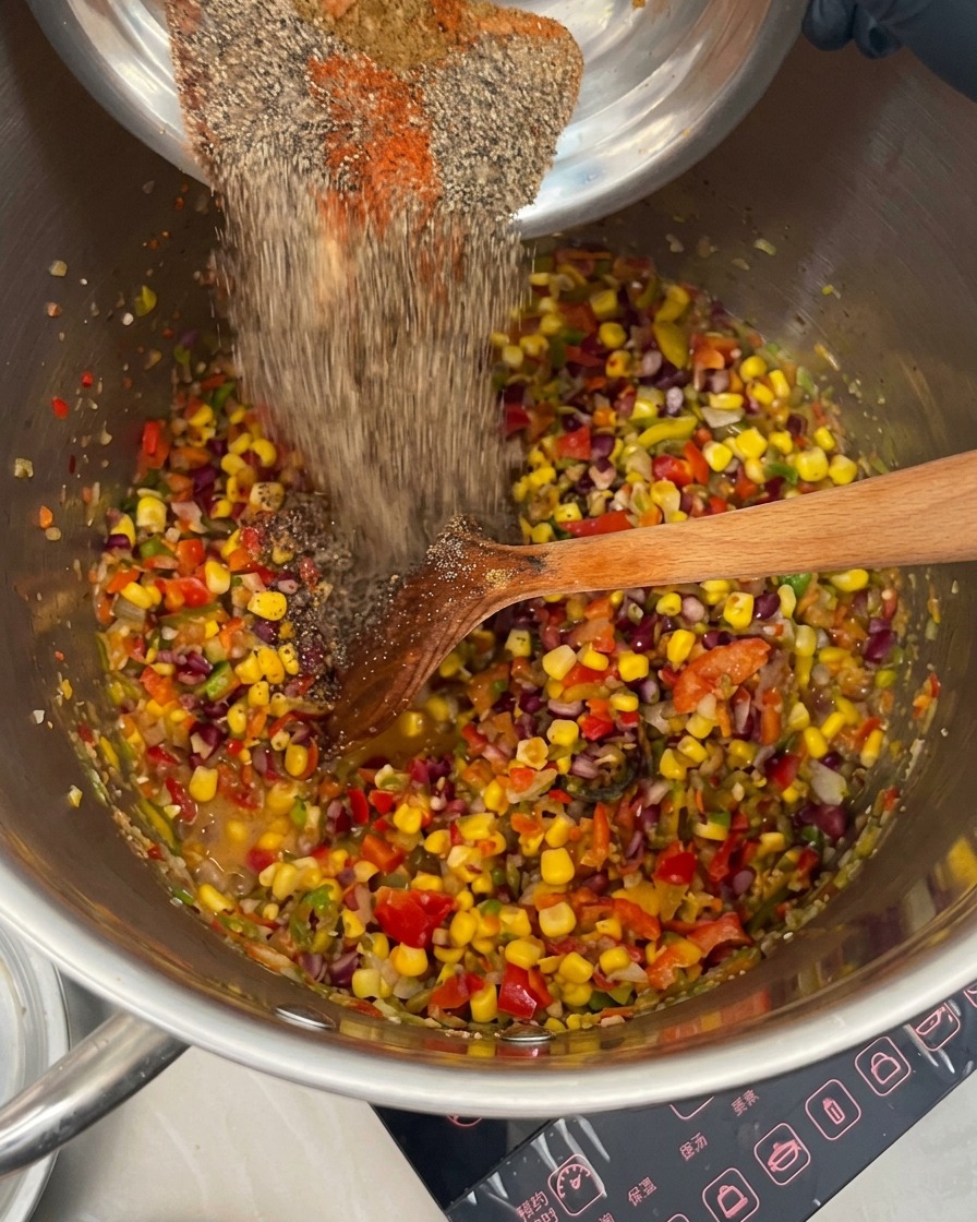 Una varietà di spezie versate in una pentola contenente peperoni, fagioli e mais.
