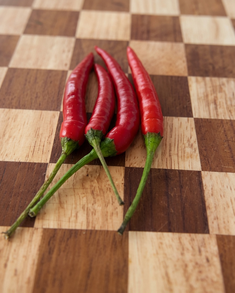 Peperoncini rossi freschi tagliati a pezzetti su un tagliere di legno.