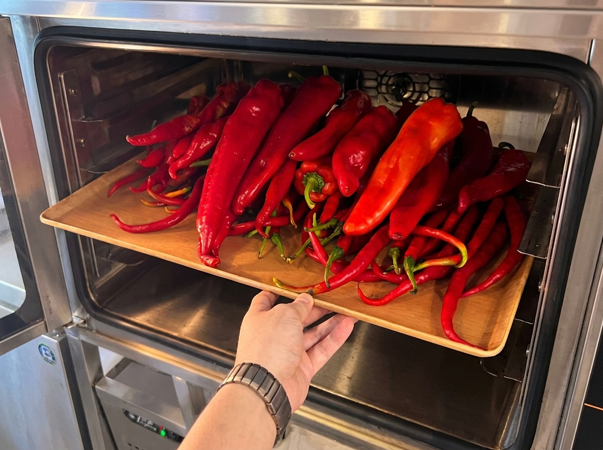 Una teglia da forno piena di peperoncini rossi freschi infornata in un forno preriscaldato.
