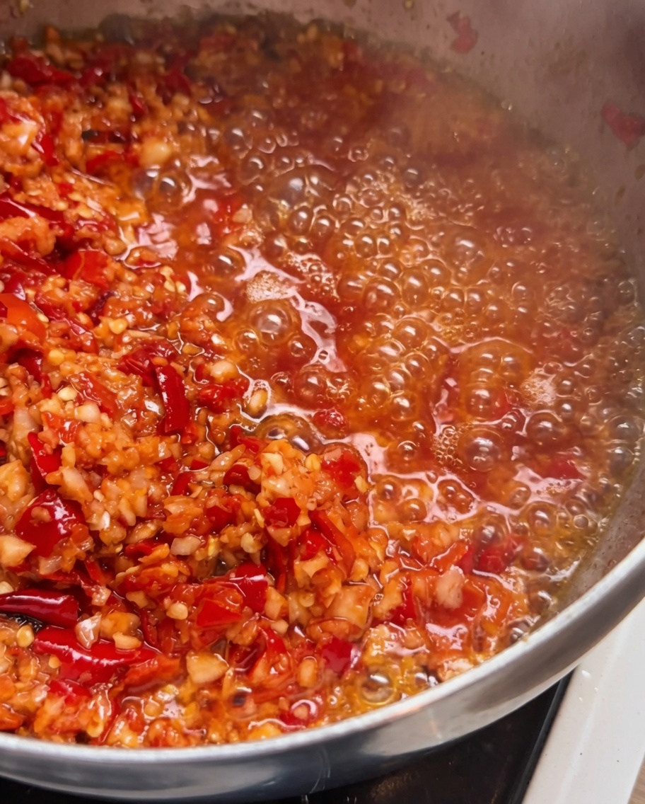 Una padella contenente il soffritto di peperoncino e aglio, con laggiunta di pezzi di peperoncino arrostito e una noce di burro fuso.