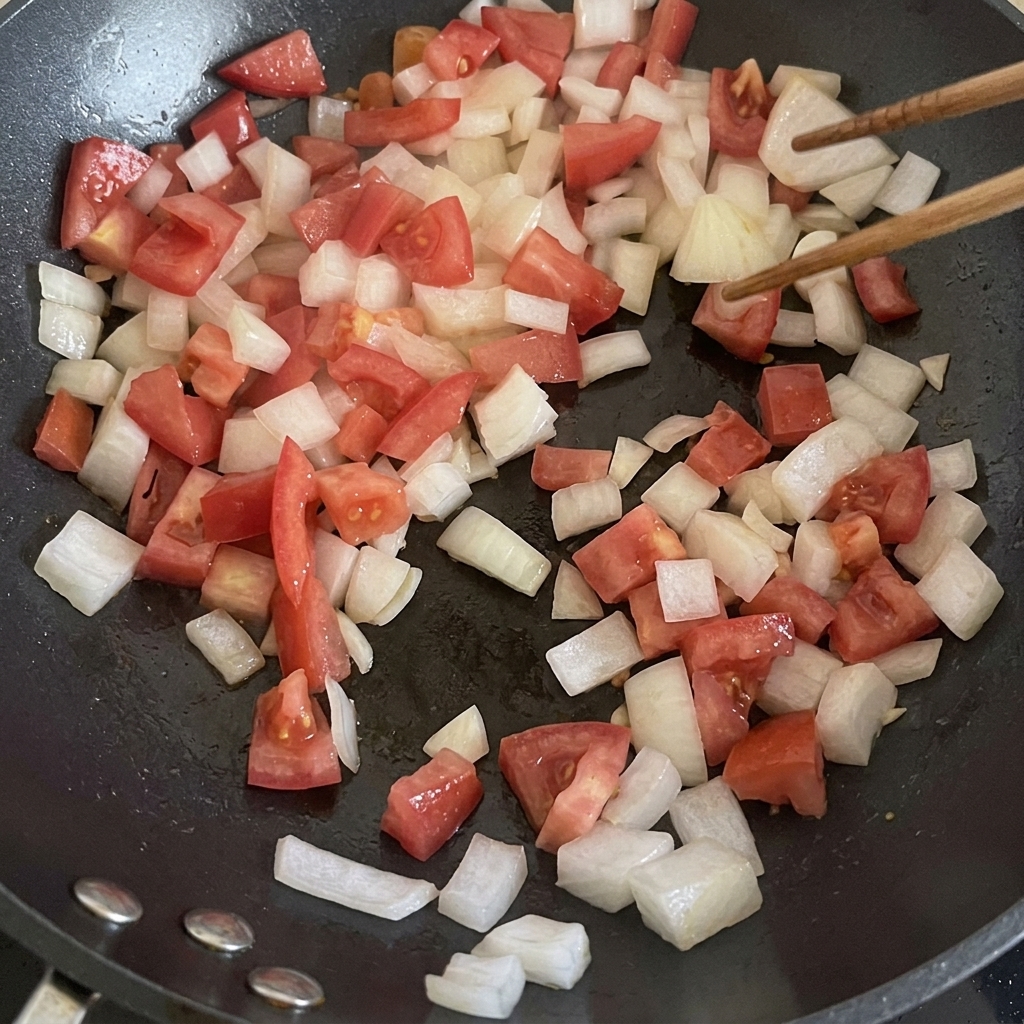 Pomodori rossi a cubetti e cipolle bianche saltati in padella fino ad ammorbidirsi.