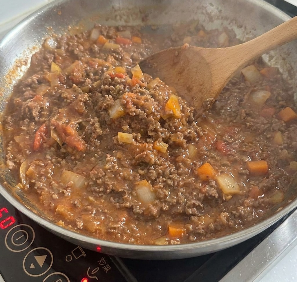 Salsa di carne in stile messicano che sobbolle in una padella, apparendo densa e ricca.