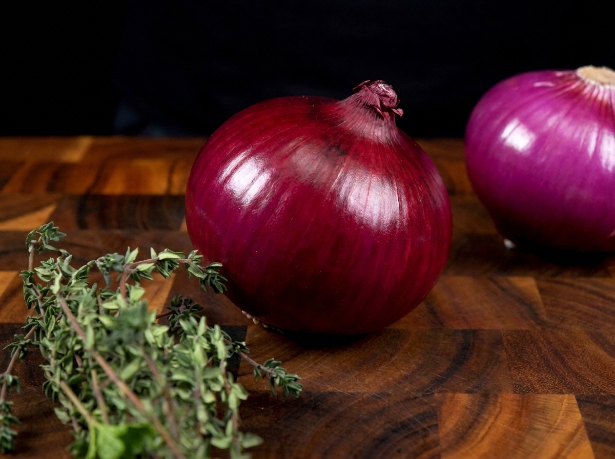 Una cipolla rossa tagliata a metà su un tagliere in legno, con erbe fresche vicine.