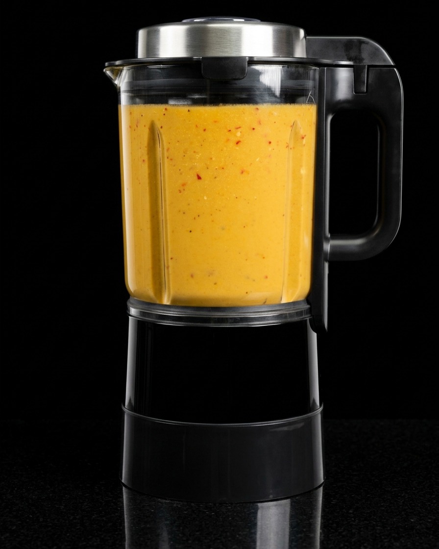 Un frullatore ad alta velocità riempito con una base di bisque di astice dal colore arancione vibrante.