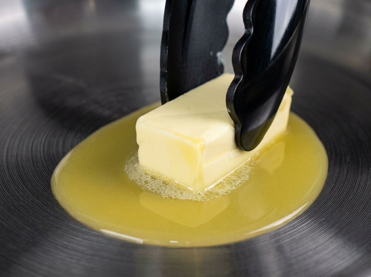 Una coda di astice spennellata nel burro fuso spumeggiante allinterno di una padella in acciaio inox usando pinze da cucina nere.