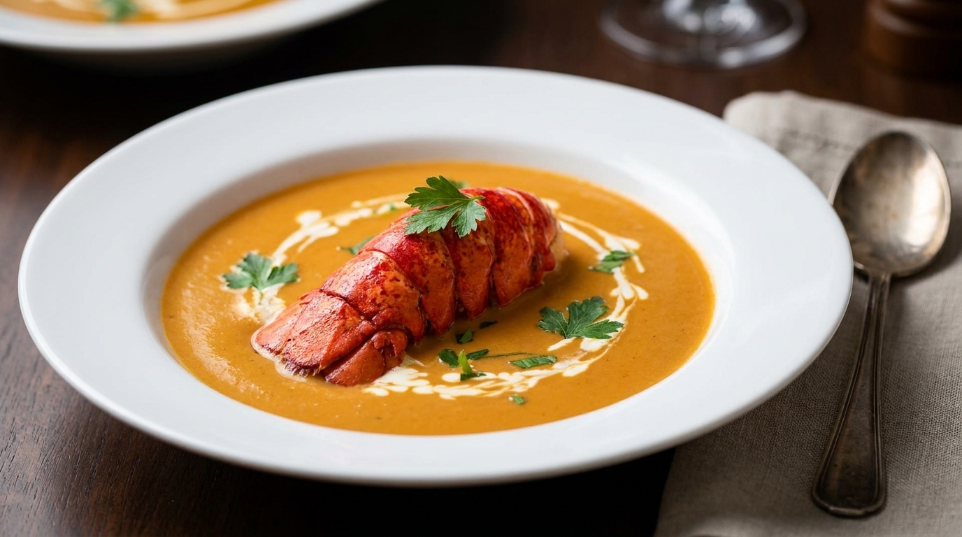 Una ciotola di elegante bisque di astice, guarnita con una coda di astice saltata al burro e un tocco di panna.