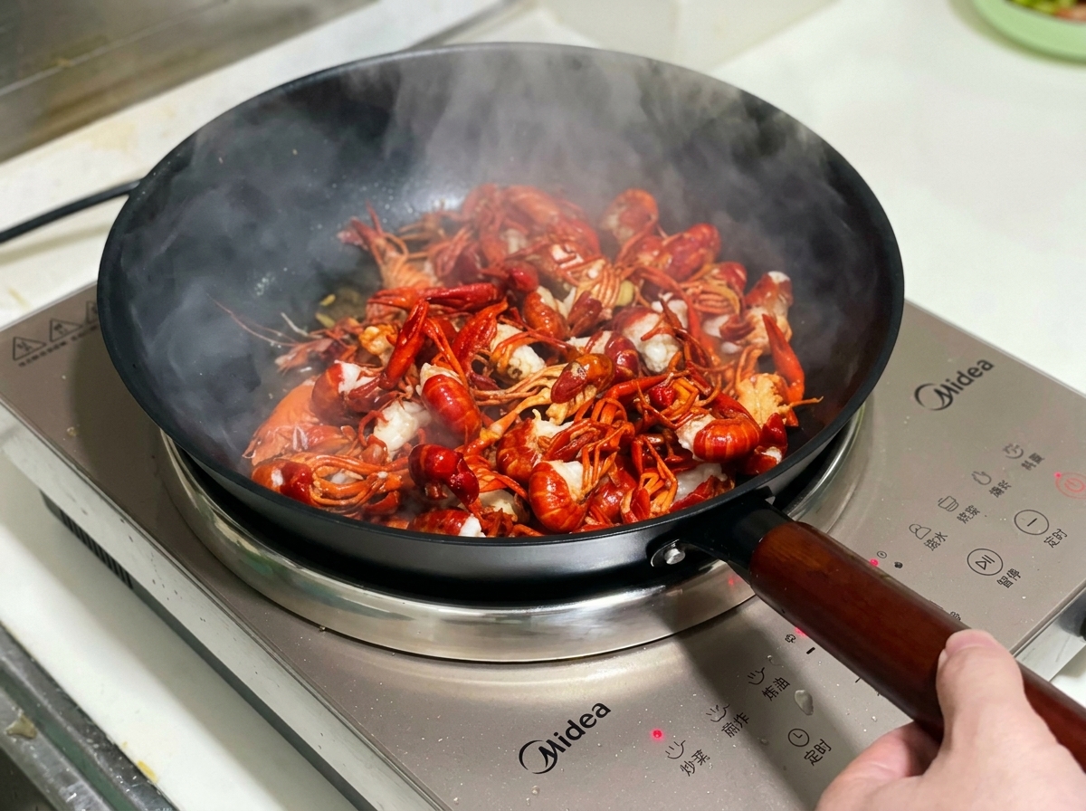 Gamberi di fiume saltati con aromi in una padella calda.