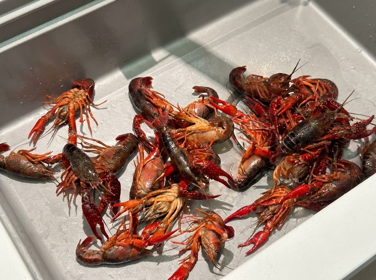 Gamberi di fiume lavati accuratamente nel lavandino sotto lacqua corrente.