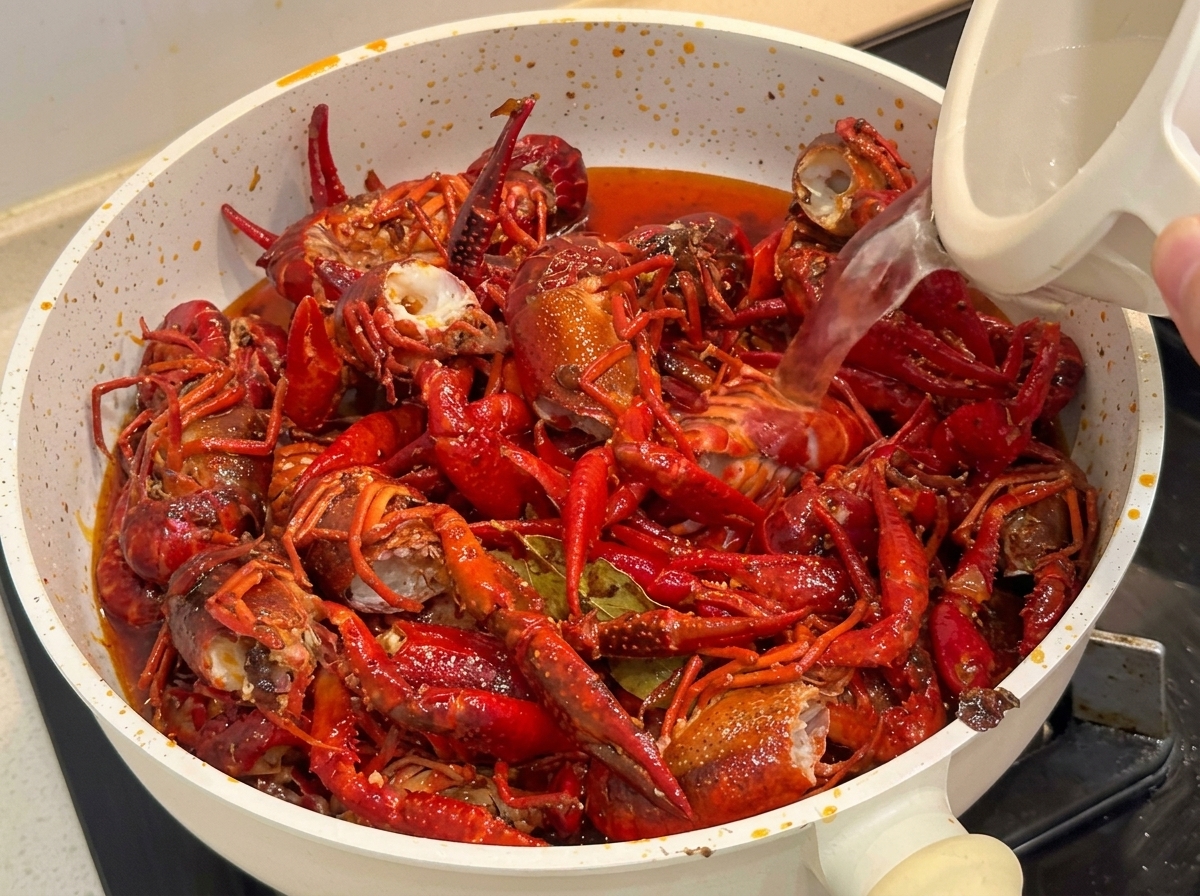 Una padella piena di gamberi cotti rosso vivo infusi con acqua calda e birra.