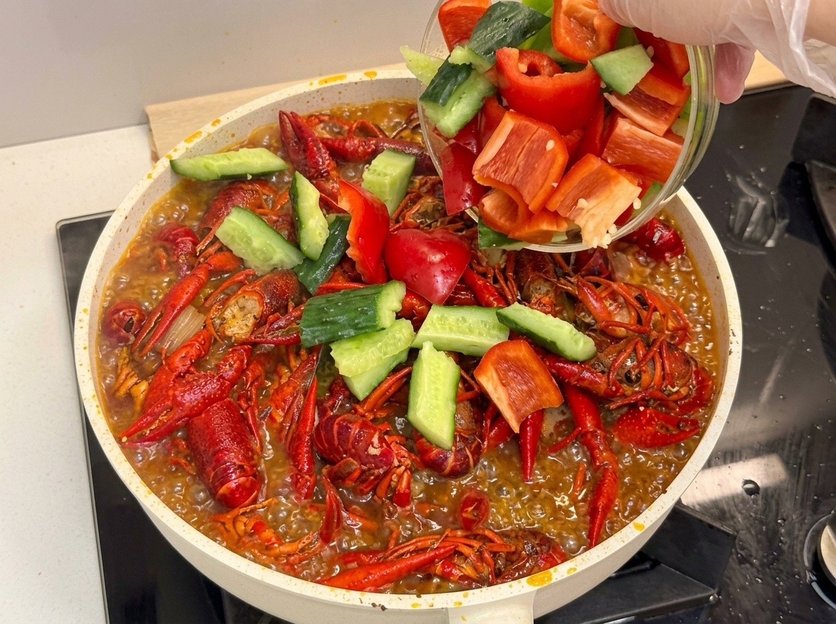 Peperoni colorati tagliati a dadini e pezzi di cetriolo aggiunti a una padella di gamberi piccanti.