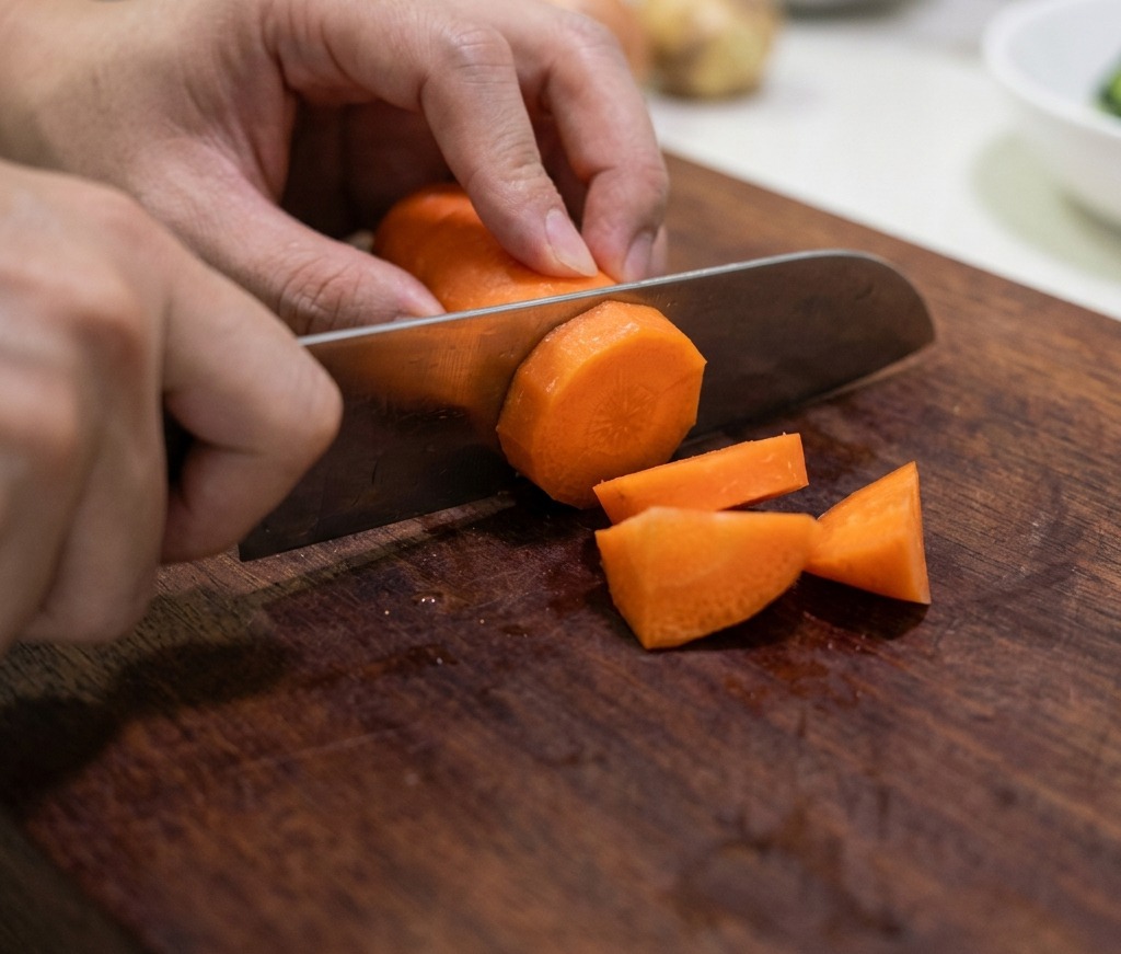 Una carota pelata tagliata in pezzi irregolari su un tagliere di legno.