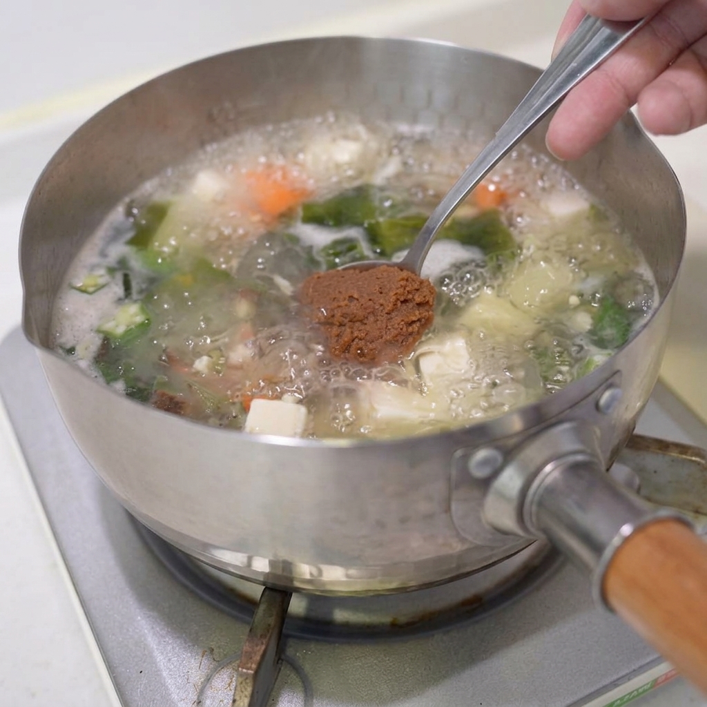 Un cucchiaio di pasta di miso marrone inserito nella zuppa di verdure.