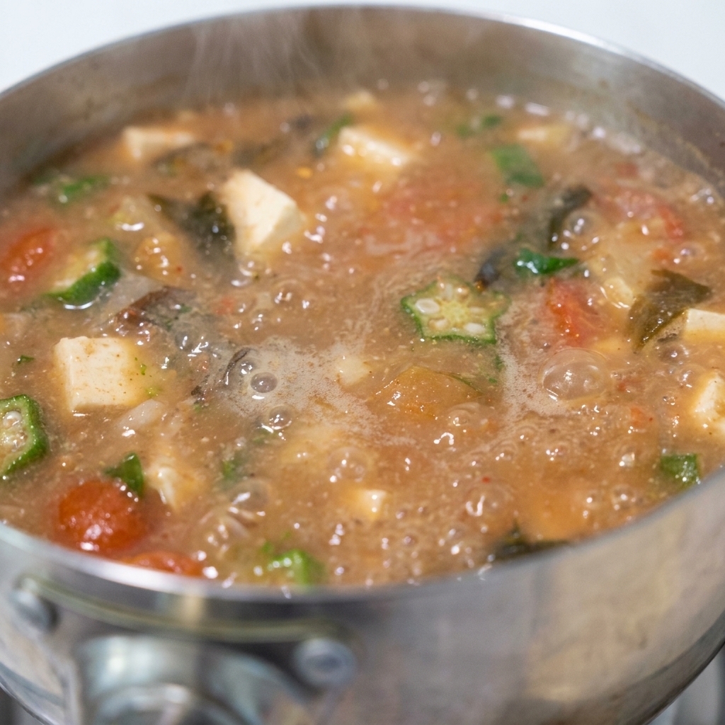 Un mestolo che mescola la zuppa per sciogliere completamente il miso.