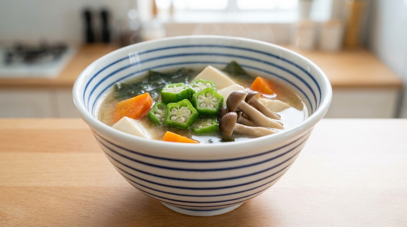 Una ciotola fumante di nutriente zuppa di miso e okra, che mette in risalto le vibranti stelle di okra e il tofu morbido in un brodo chiaro e saporito.