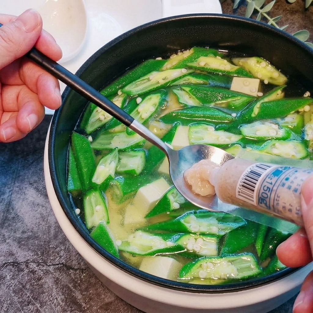 Un cucchiaio di pasta di gamberi versato in una pentola di zuppa in ebollizione.