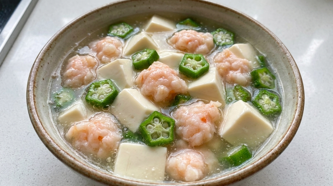 Zuppa di Okra, Pasta di Gamberi e Tofu