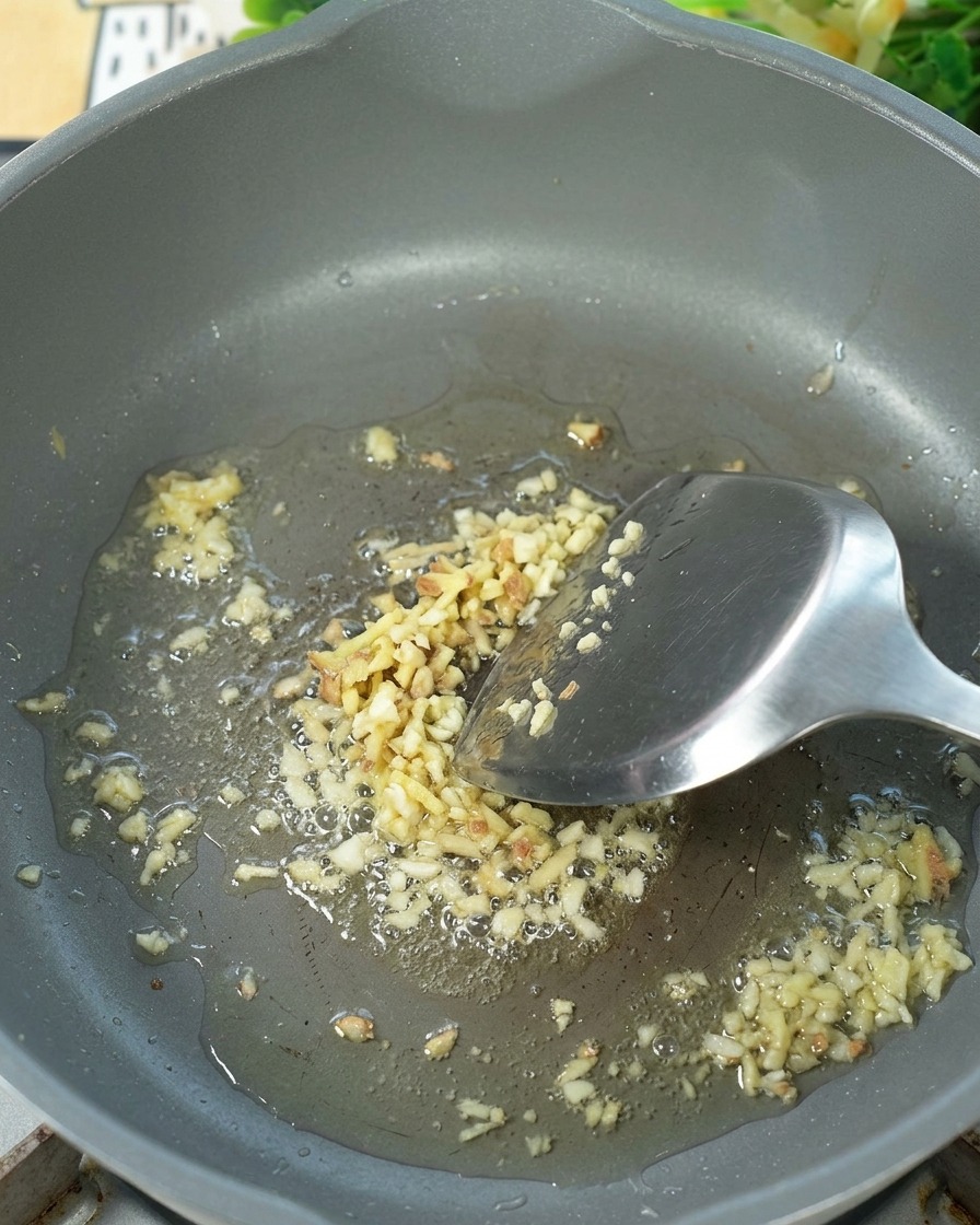 Zenzero tritato che soffrigge in olio caldo in una padella.