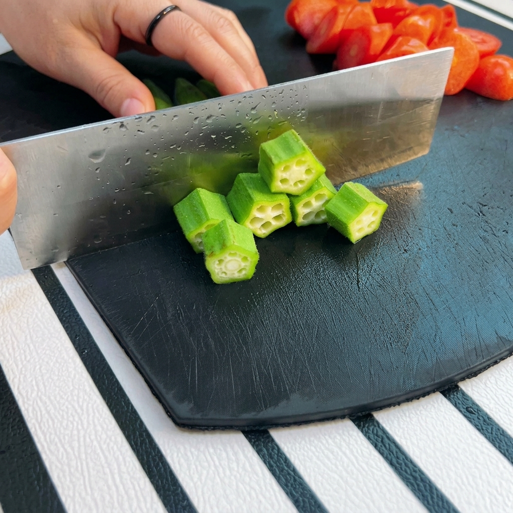 Una mano tiene un baccello di gombo mentre viene tagliato a fettine a forma di stella.