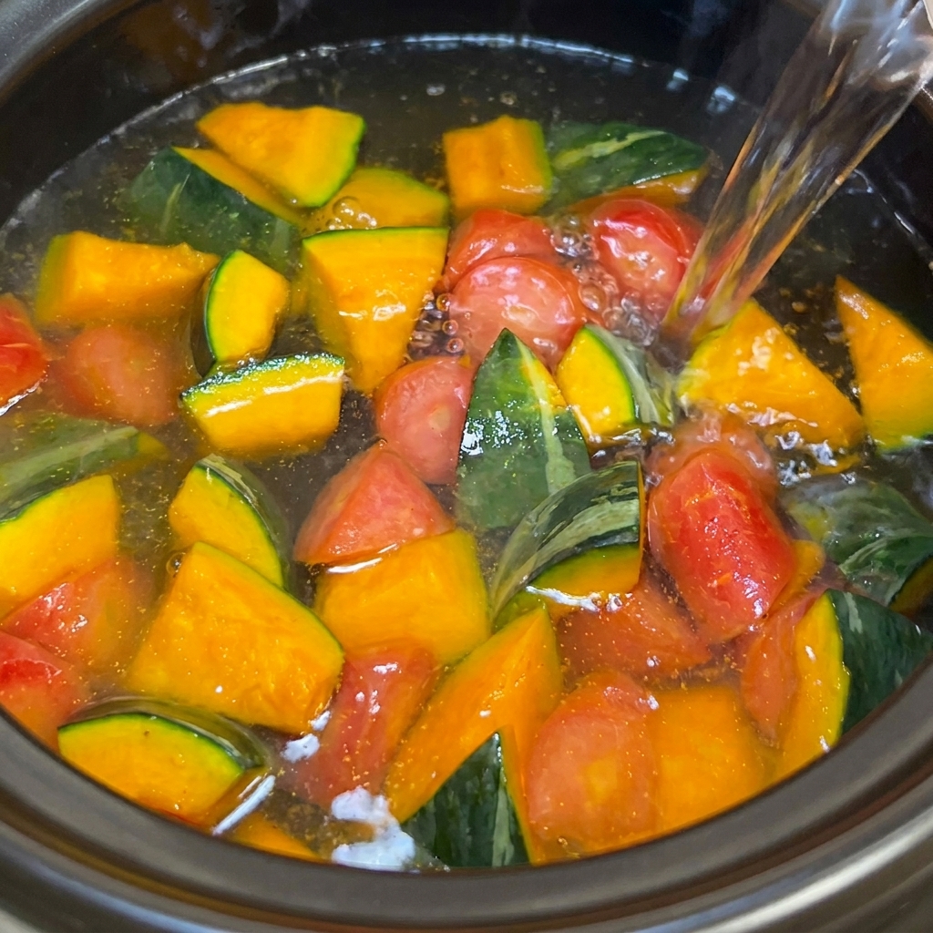 Acqua bollente versata da un bollitore in una pentola con zucca e carote saltate.