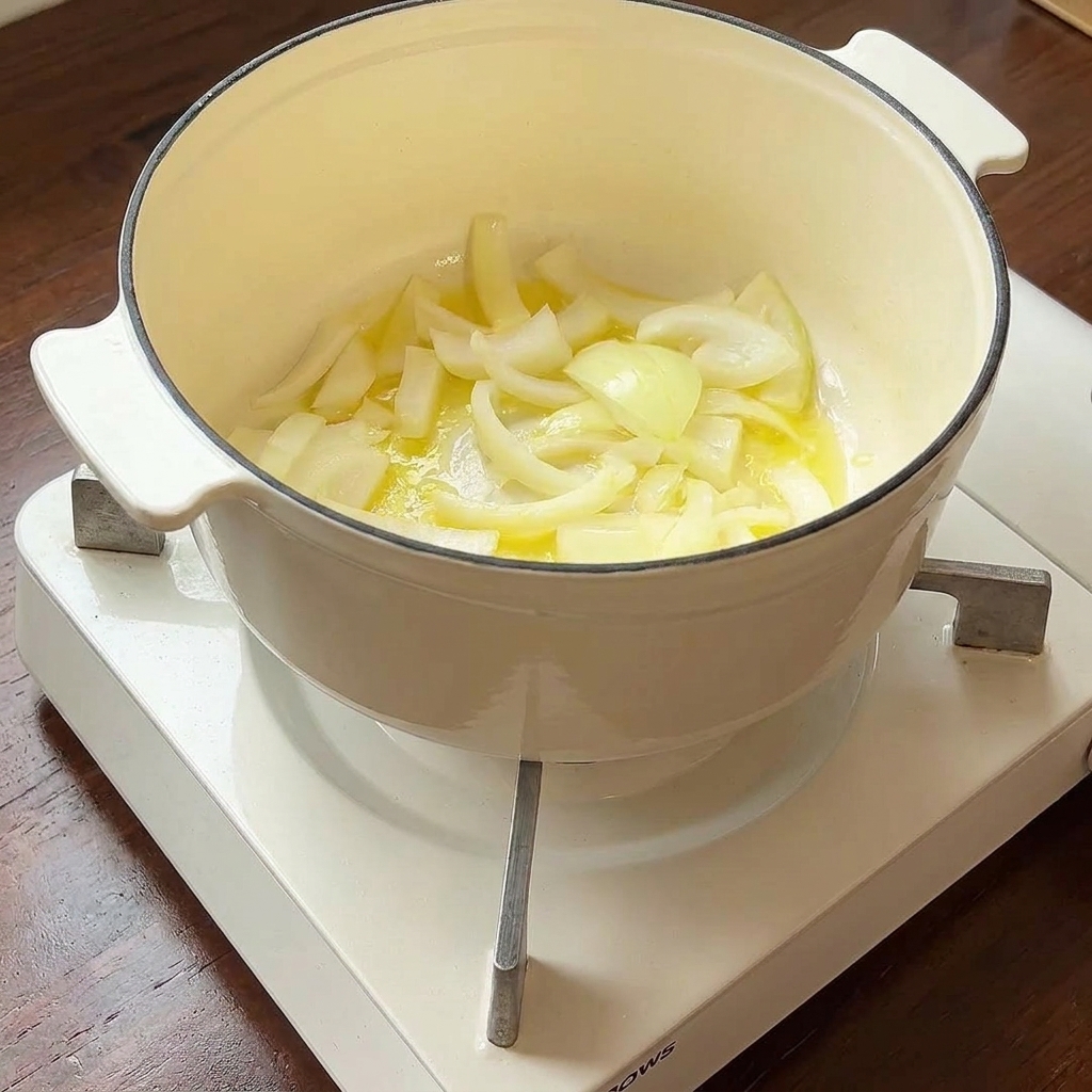 Cipolla tritata che soffrigge in pentola con burro fuso fino a diventare tenera e aromatica.