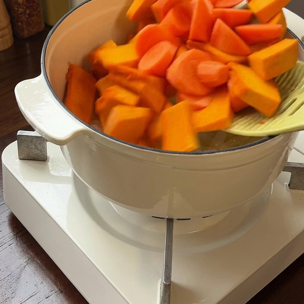 Cubetti di zucca e carota che vengono aggiunti nella pentola con la cipolla soffritta.