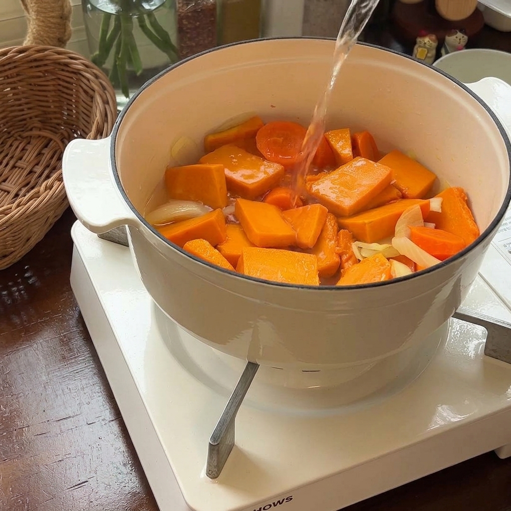 Acqua calda versata sulle verdure in pentola con laggiunta di una foglia di alloro.