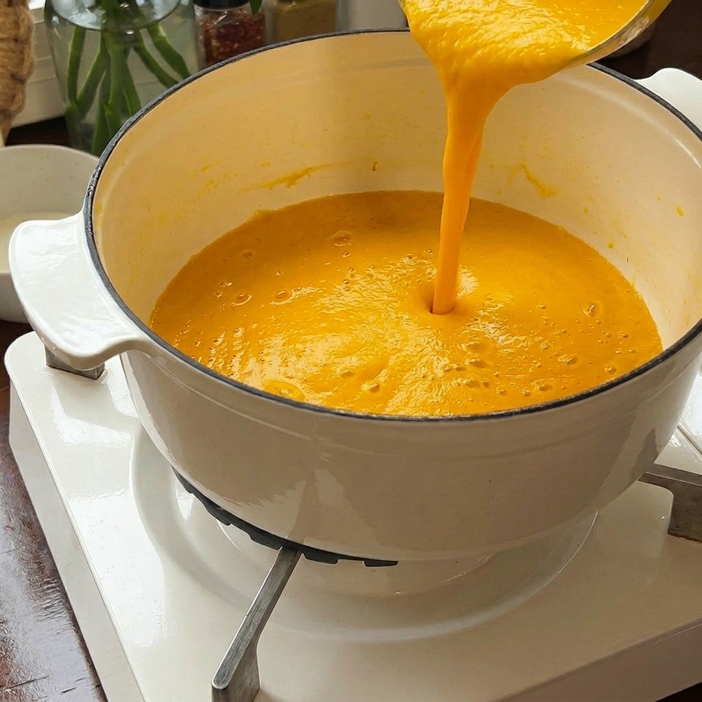 La crema di zucca liscia che viene versata dal frullatore in una pentola di ghisa smaltata bianca.