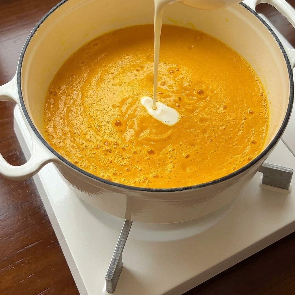 Panna fresca che viene versata sulla zuppa di zucca pronta per essere mescolata.