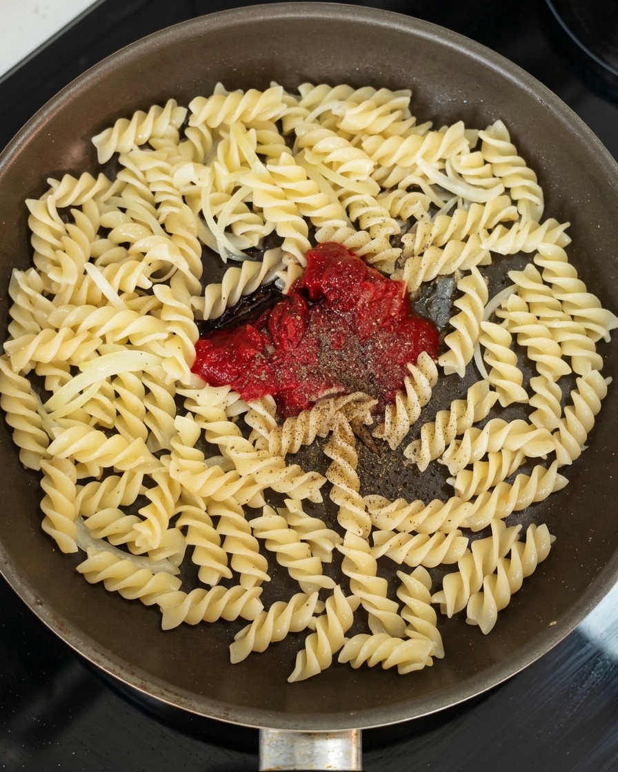 Una padella con pasta e cipolle, con un cucchiaio di concentrato di pomodoro e spezie pronte da mescolare.