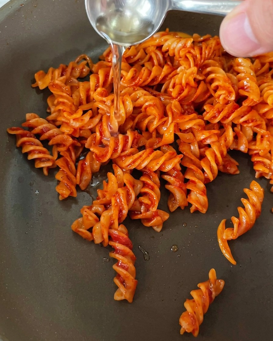 Primo piano di una padella con pasta e salsa rossa, mentre si versa un liquido trasparente per sfumare.