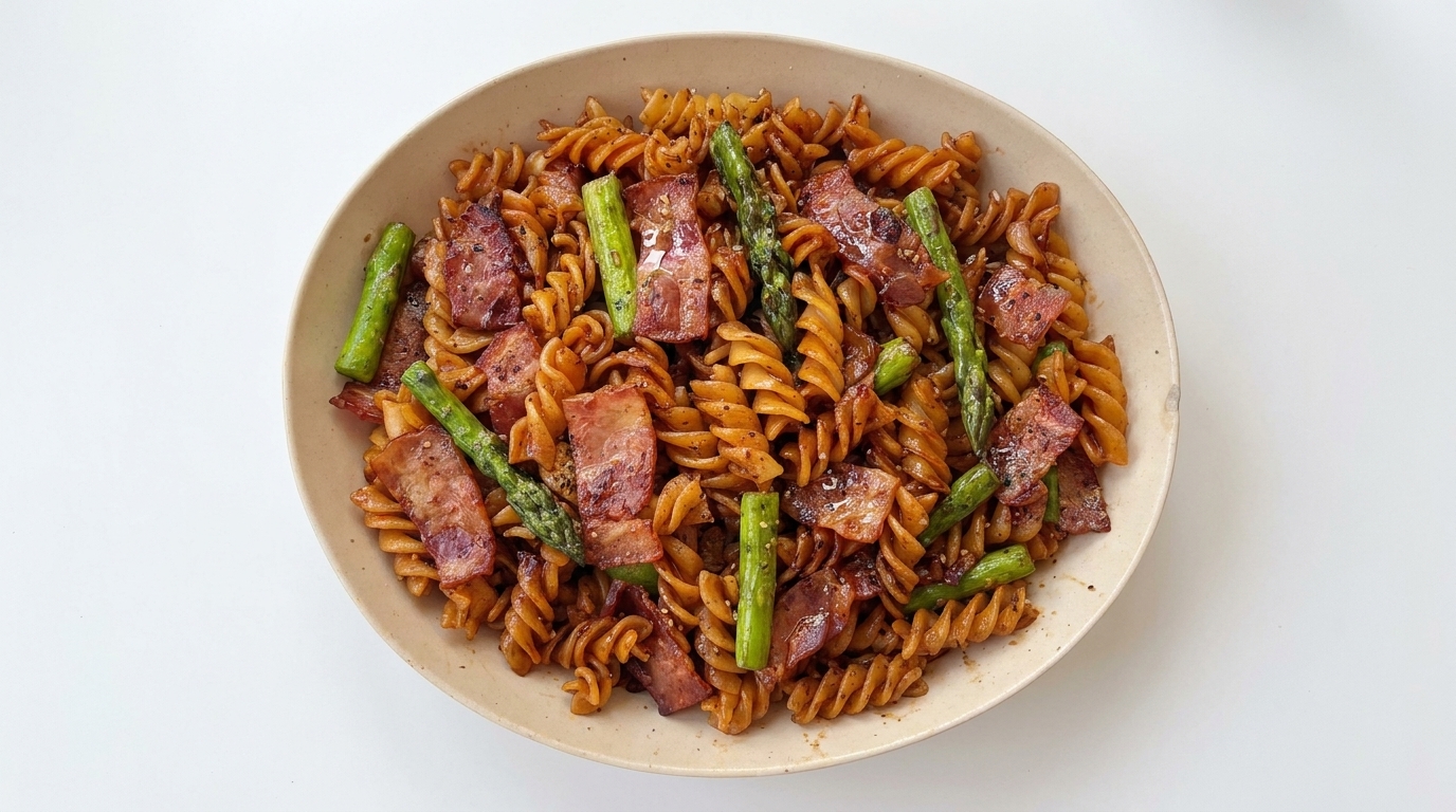 Fusilli saporiti con pancetta e asparagi