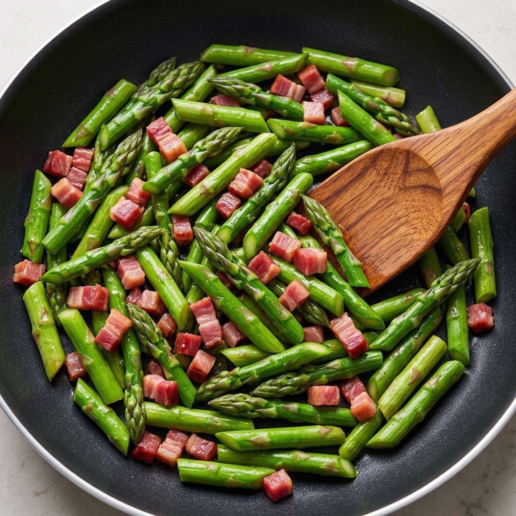 Aglio tritato e cipollotti aggiunti al soffritto di pancetta e asparagi.