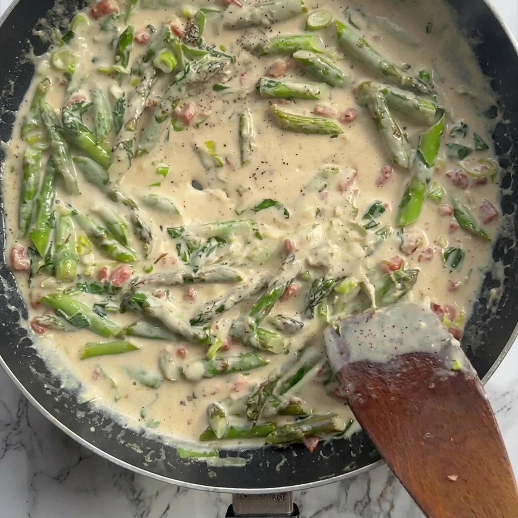 Spaghetti cotti che vengono saltati nella salsa cremosa con pancetta e asparagi.