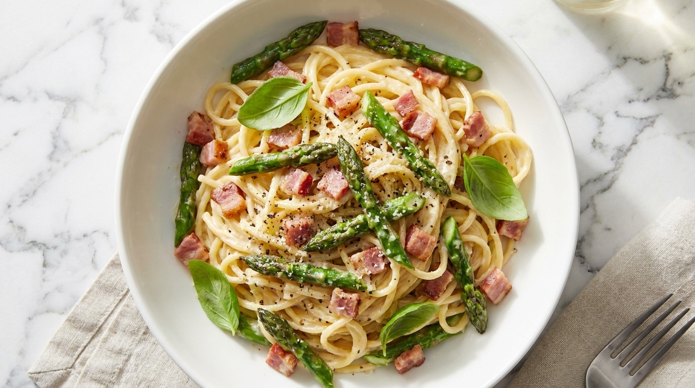 Spaghetti Cremosi con Asparagi e Pancetta